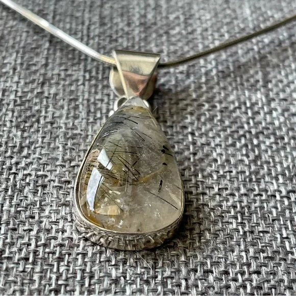 Black Rutilated Quartz Tear Drop Pendant 925 Sterling Silver 19" Necklace Chain - Picture 10 of 15